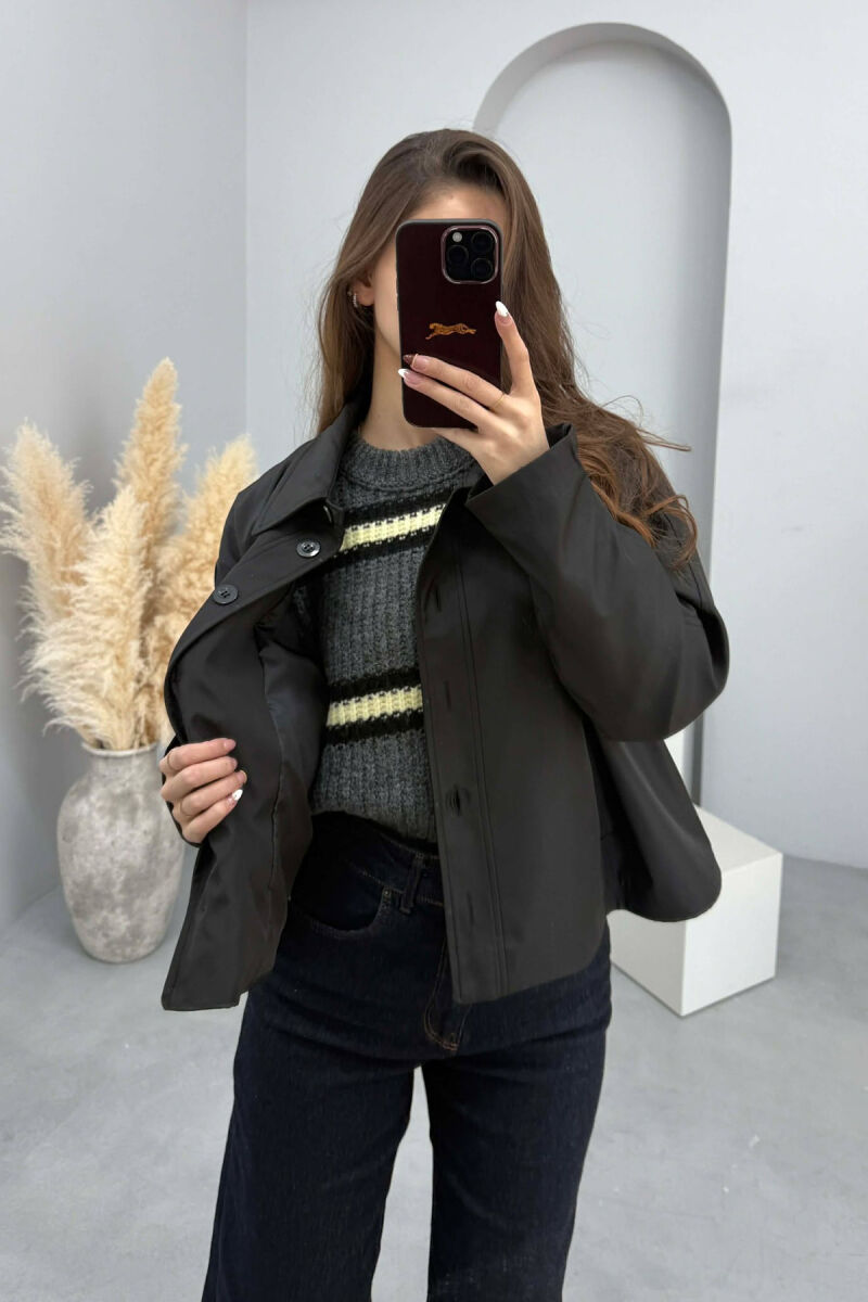 ONE COLOR BUTTONED CROPPED WOMAN COAT BLACK/ E ZEZE - 3