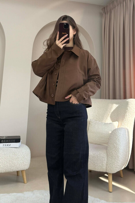 ONE COLOR BUTTONED CROPPED WOMAN COAT BROWN/KAFE - 5