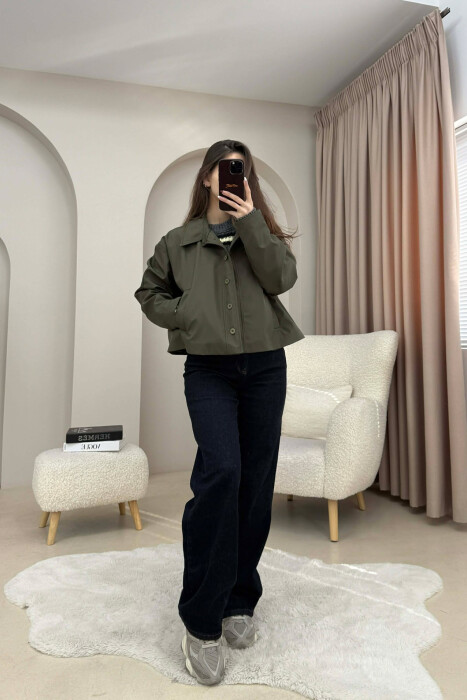 ONE COLOR BUTTONED CROPPED WOMAN COAT GREEN/JESHILE - 2