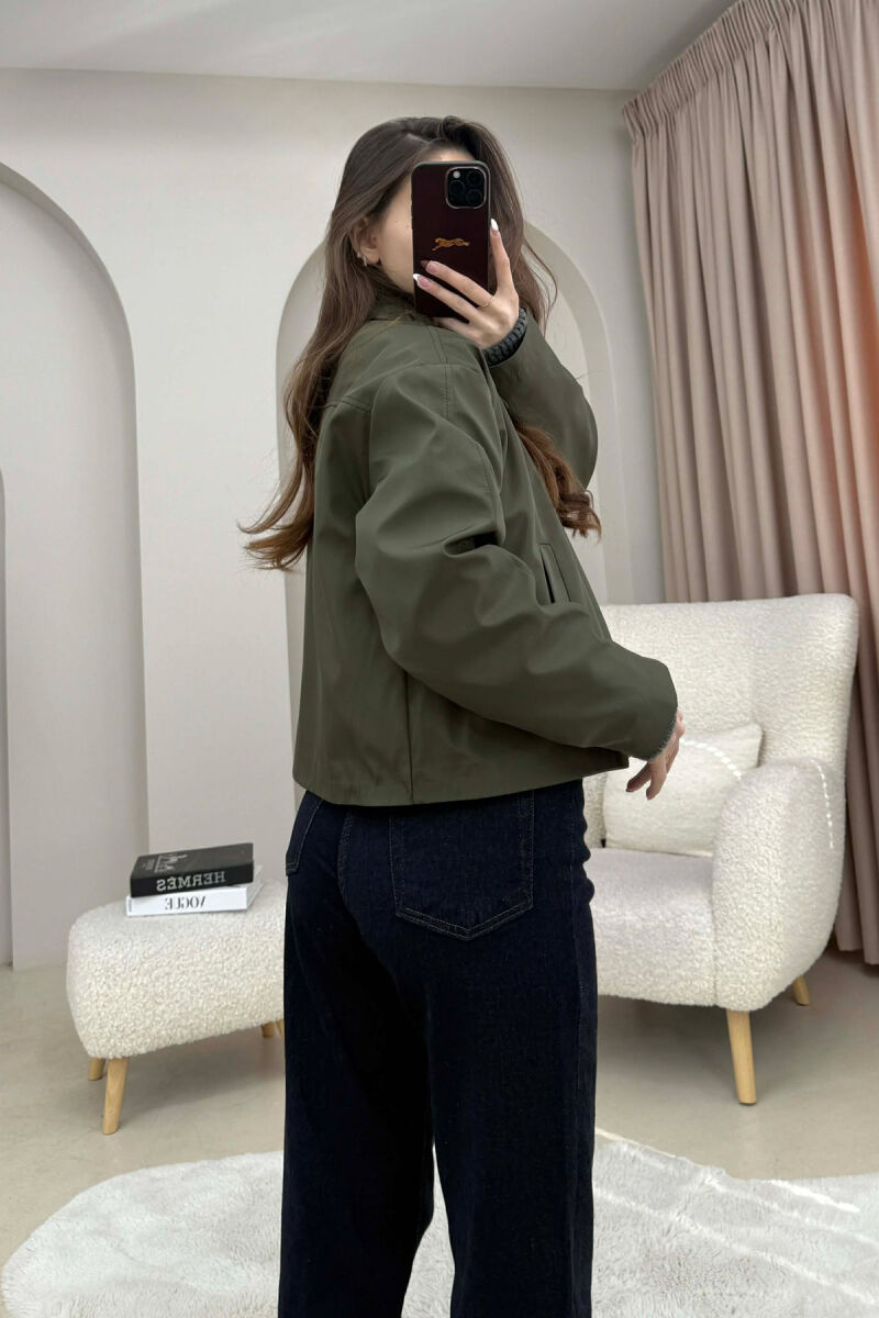 ONE COLOR BUTTONED CROPPED WOMAN COAT GREEN/JESHILE - 3