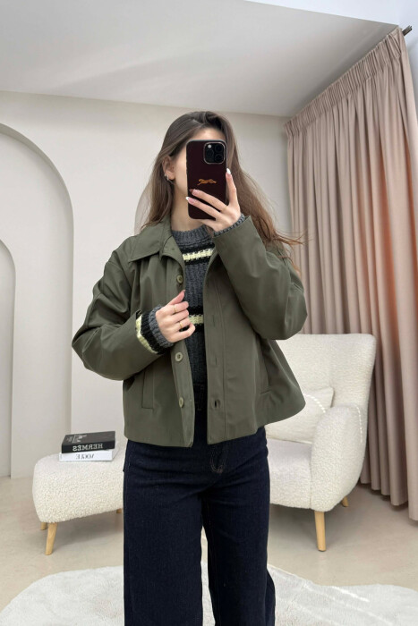 ONE COLOR BUTTONED CROPPED WOMAN COAT GREEN/JESHILE - 1