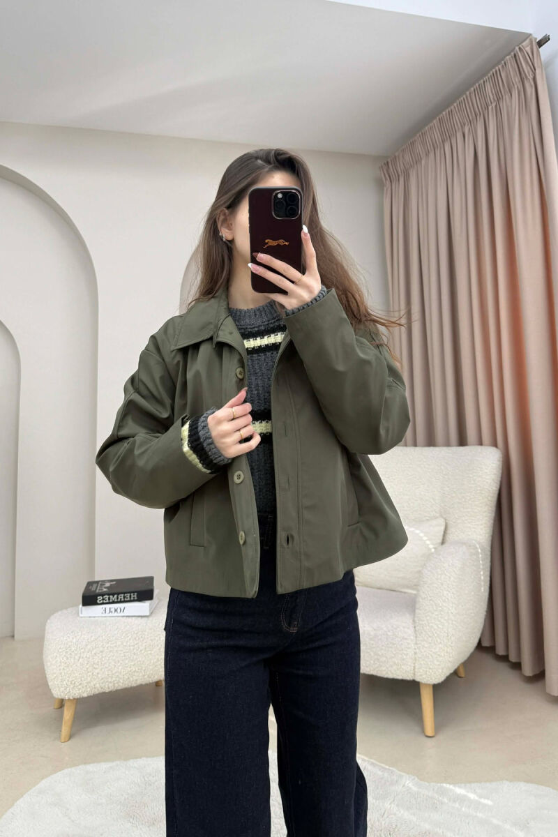 ONE COLOR BUTTONED CROPPED WOMAN COAT GREEN/JESHILE - 1