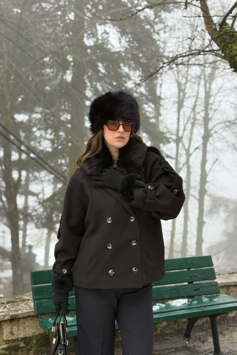 ONE COLOR BUTTONED FAUX FUR NECK WOMEN COAT BLACK/ E ZEZE 