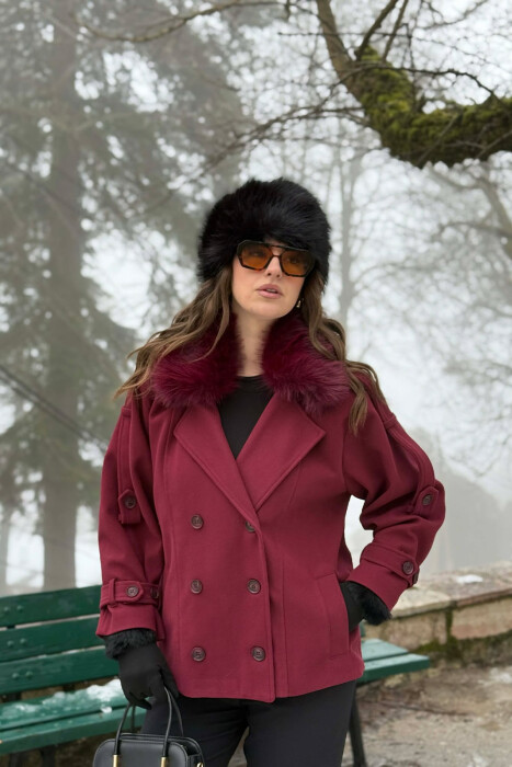 ONE COLOR BUTTONED FAUX FUR NECK WOMEN COAT BURGUNDY/VISHNJE 