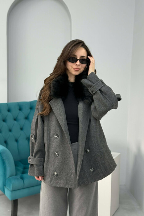 ONE COLOR BUTTONED FAUX FUR NECK WOMEN COAT DARK GREY/GEE - KLAUDIO FASHION