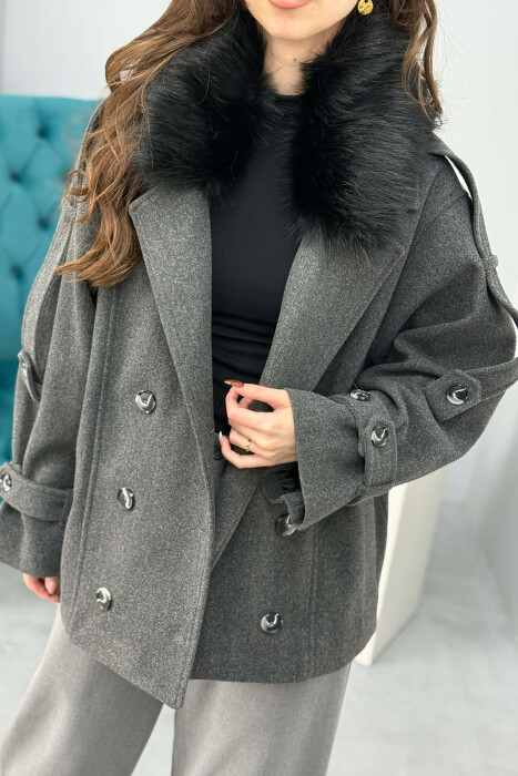 ONE COLOR BUTTONED FAUX FUR NECK WOMEN COAT DARK GREY/GEE - 3