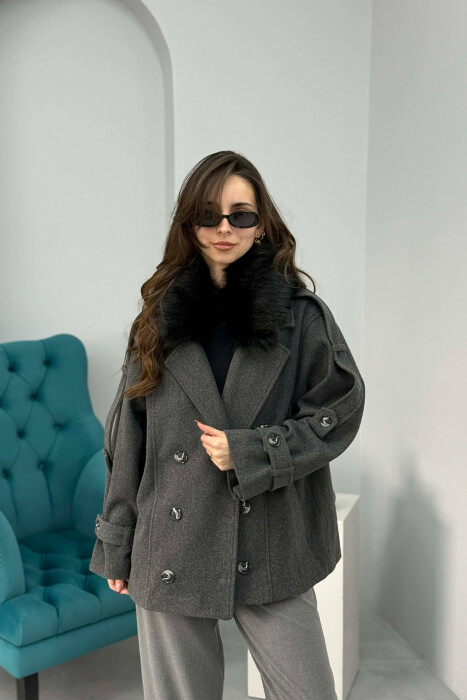 ONE COLOR BUTTONED FAUX FUR NECK WOMEN COAT DARK GREY/GEE - 4