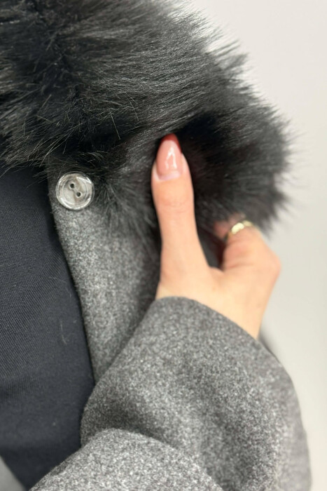 ONE COLOR BUTTONED FAUX FUR NECK WOMEN COAT DARK GREY/GEE - 5
