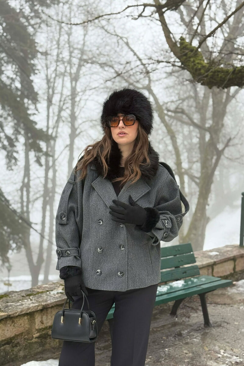 ONE COLOR BUTTONED FAUX FUR NECK WOMEN COAT GREY/GRI - 1