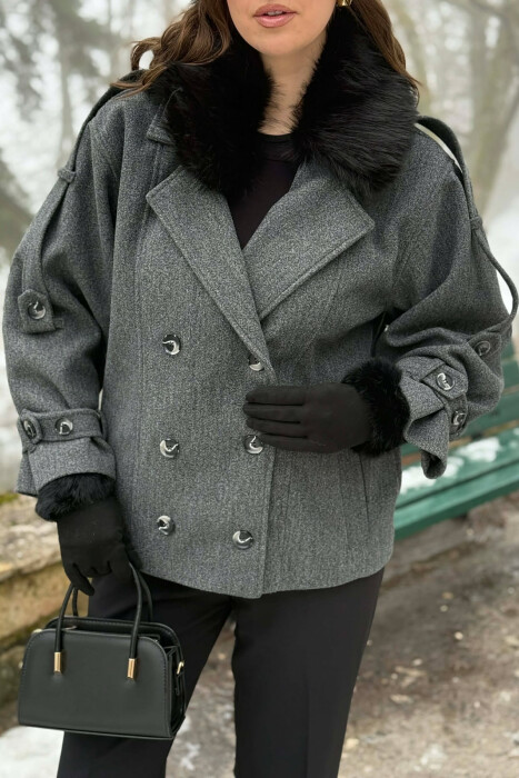 ONE COLOR BUTTONED FAUX FUR NECK WOMEN COAT GREY/GRI - 3