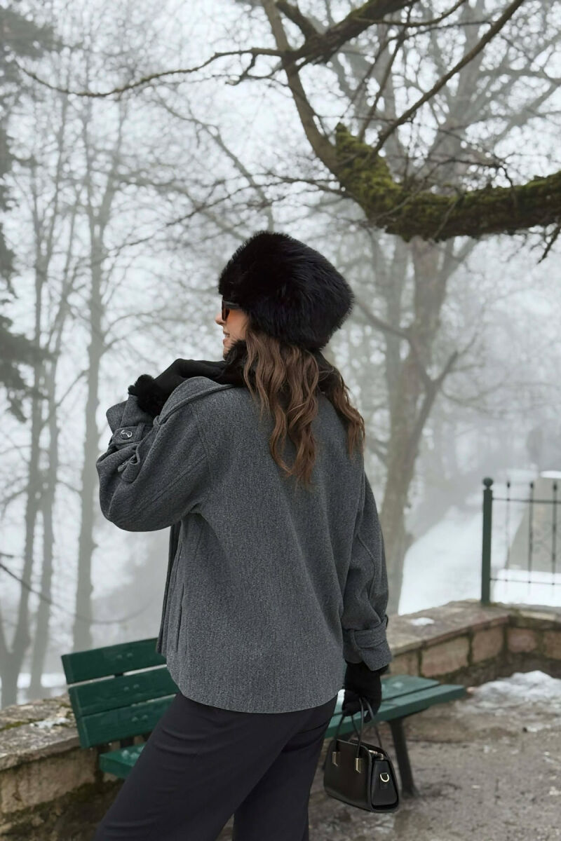 ONE COLOR BUTTONED FAUX FUR NECK WOMEN COAT GREY/GRI - 4