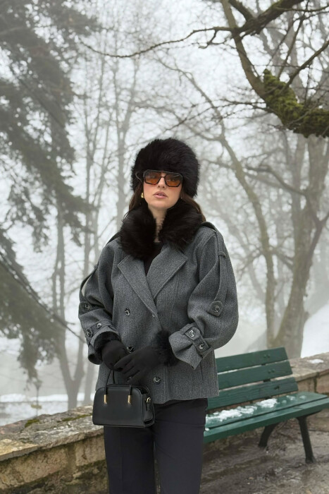 ONE COLOR BUTTONED FAUX FUR NECK WOMEN COAT GREY/GRI - 5