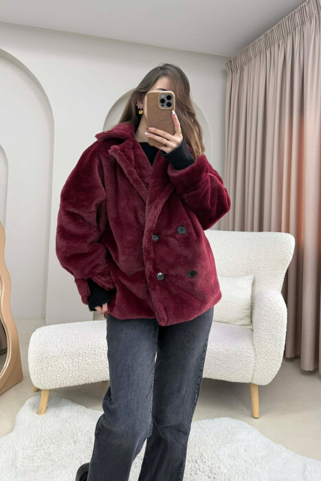 ONE COLOR BUTTONED FAUX FUR SHORT WOMAN COAT BURGUNDY/VISHNJE - KLAUDIO FASHION