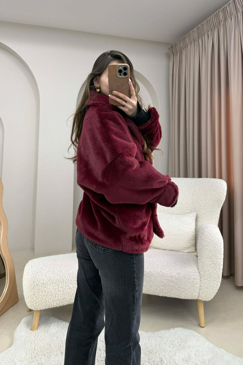 ONE COLOR BUTTONED FAUX FUR SHORT WOMAN COAT BURGUNDY/VISHNJE - 2