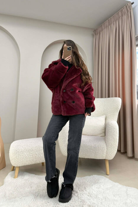 ONE COLOR BUTTONED FAUX FUR SHORT WOMAN COAT BURGUNDY/VISHNJE - 3