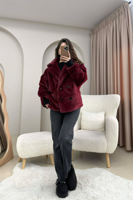 ONE COLOR BUTTONED FAUX FUR SHORT WOMAN COAT BURGUNDY/VISHNJE - 4