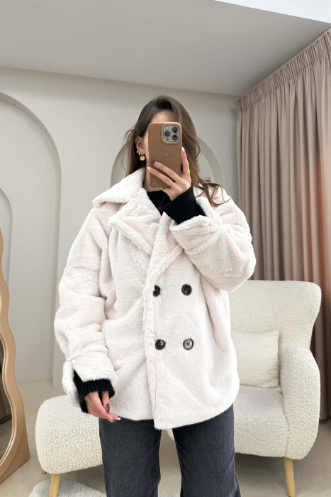 ONE COLOR BUTTONED FAUX FUR SHORT WOMAN COAT CREAM/KREM - KLAUDIO FASHION
