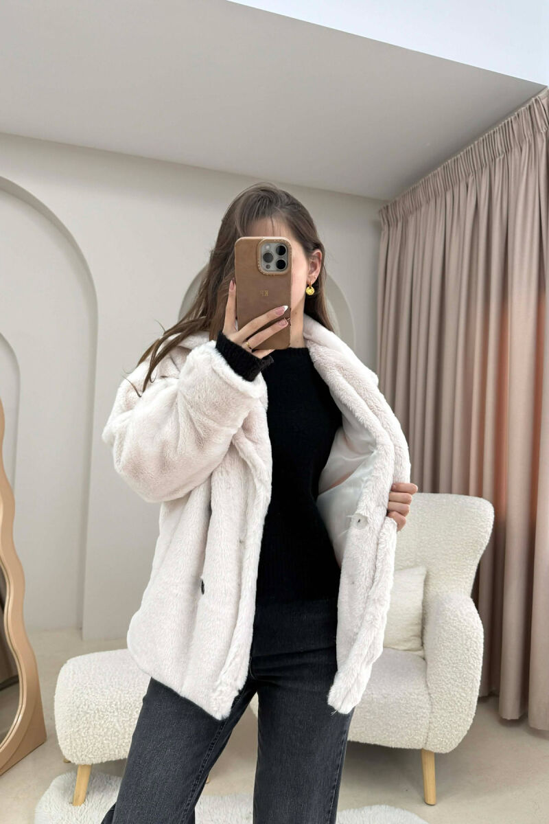 ONE COLOR BUTTONED FAUX FUR SHORT WOMAN COAT CREAM/KREM - 2