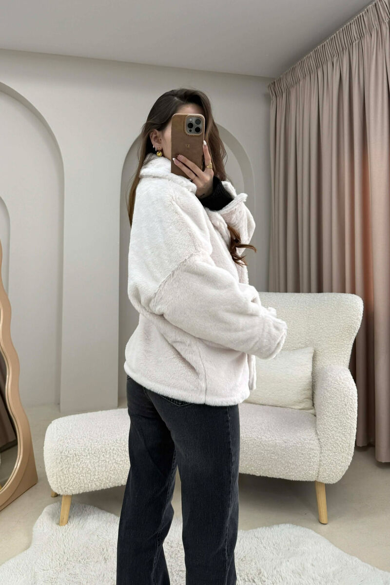 ONE COLOR BUTTONED FAUX FUR SHORT WOMAN COAT CREAM/KREM - 3