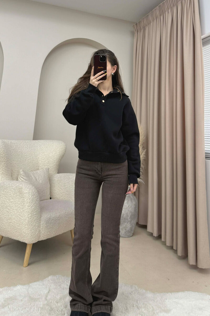 ONE COLOR BUTTONED FLUFFY WOMEN SWEATSHIRT BLACK/ E ZEZE - 1