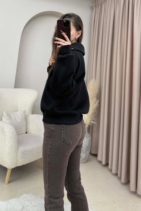 ONE COLOR BUTTONED FLUFFY WOMEN SWEATSHIRT BLACK/ E ZEZE - 2