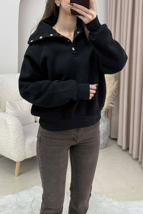ONE COLOR BUTTONED FLUFFY WOMEN SWEATSHIRT BLACK/ E ZEZE - 3