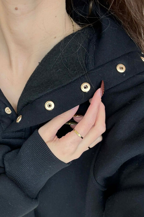 ONE COLOR BUTTONED FLUFFY WOMEN SWEATSHIRT BLACK/ E ZEZE - 4