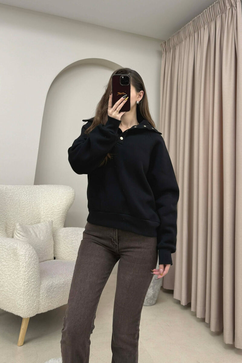 ONE COLOR BUTTONED FLUFFY WOMEN SWEATSHIRT BLACK/ E ZEZE - 5