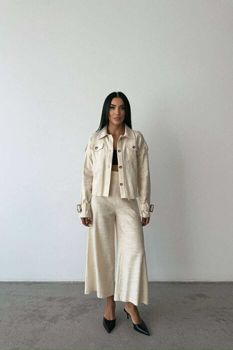 ONE COLOR BUTTONED JACKET+TROUSERS WOMEN SET CREAM/KREM 