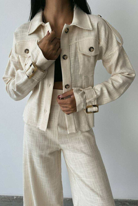 ONE COLOR BUTTONED JACKET+TROUSERS WOMEN SET CREAM/KREM - 2