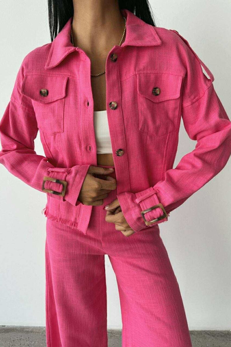 ONE COLOR BUTTONED JACKET+TROUSERS WOMEN SET PINK/ROZE - 2