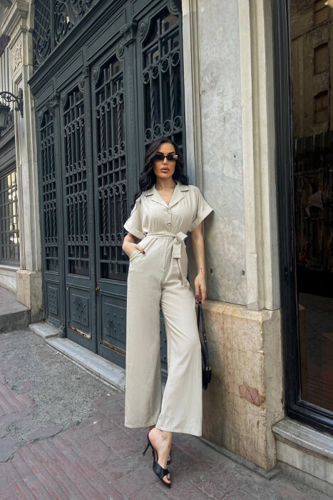 ONE COLOR BUTTONED LACING BELT WOMAN JUMPSUIT BEIGE/BEZHE - KLAUDIO FASHION