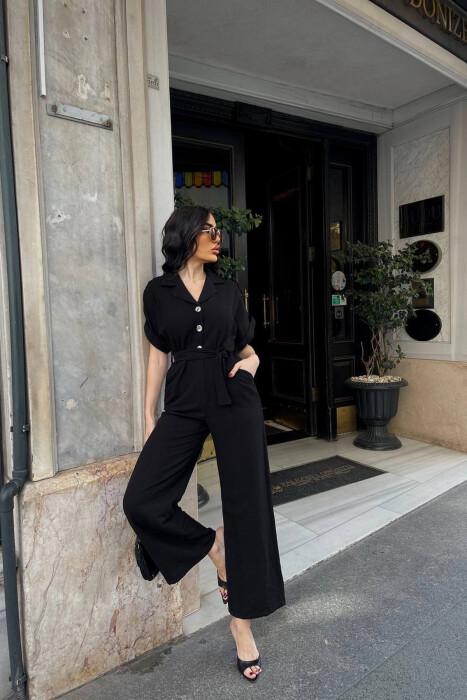 ONE COLOR BUTTONED LACING BELT WOMAN JUMPSUIT BLACK/ E ZEZE - KLAUDIO FASHION