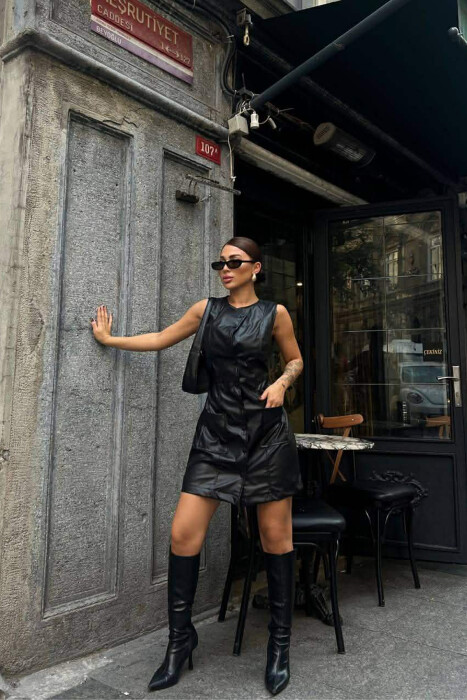 ONE COLOR BUTTONED LEATHER SLEEVELESS WOMEN DRESS BLACK/ E ZEZE - 4