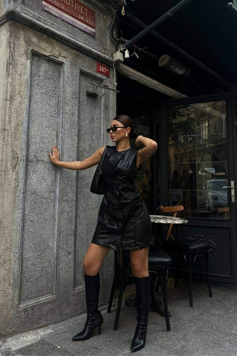 ONE COLOR BUTTONED LEATHER SLEEVELESS WOMEN DRESS BLACK/ E ZEZE - 5