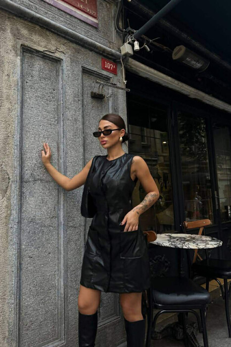 ONE COLOR BUTTONED LEATHER SLEEVELESS WOMEN DRESS BLACK/ E ZEZE - 6