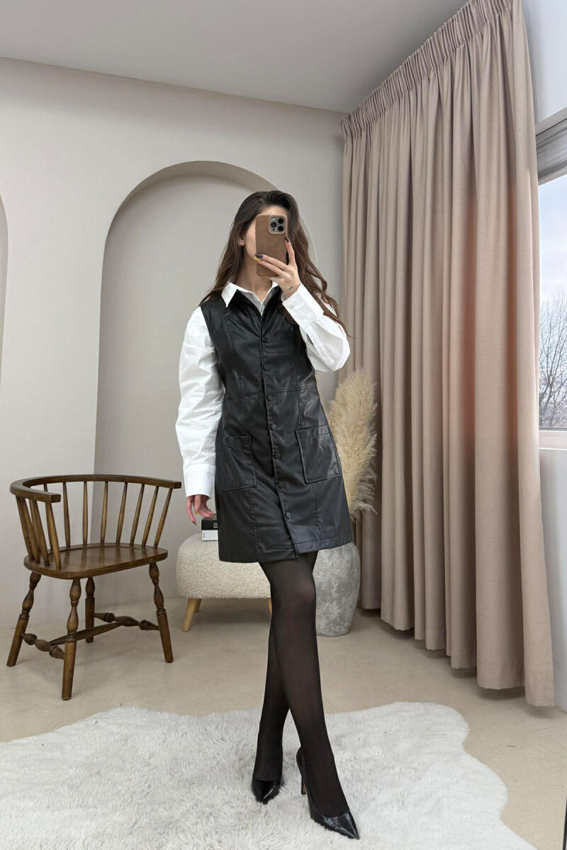 ONE COLOR BUTTONED LEATHER SLEEVELESS WOMEN DRESS BLACK/ E ZEZE - 1