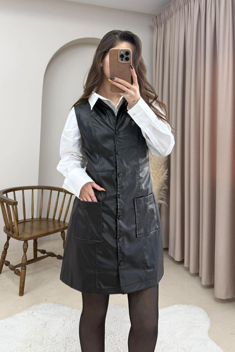 ONE COLOR BUTTONED LEATHER SLEEVELESS WOMEN DRESS BLACK/ E ZEZE - 2
