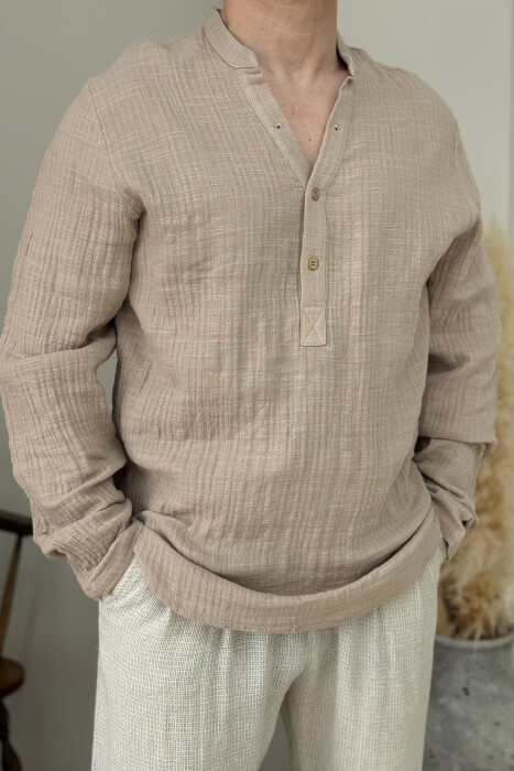 ONE COLOR BUTTONED MEN SHIRT BEIGE/BEZHE - 2