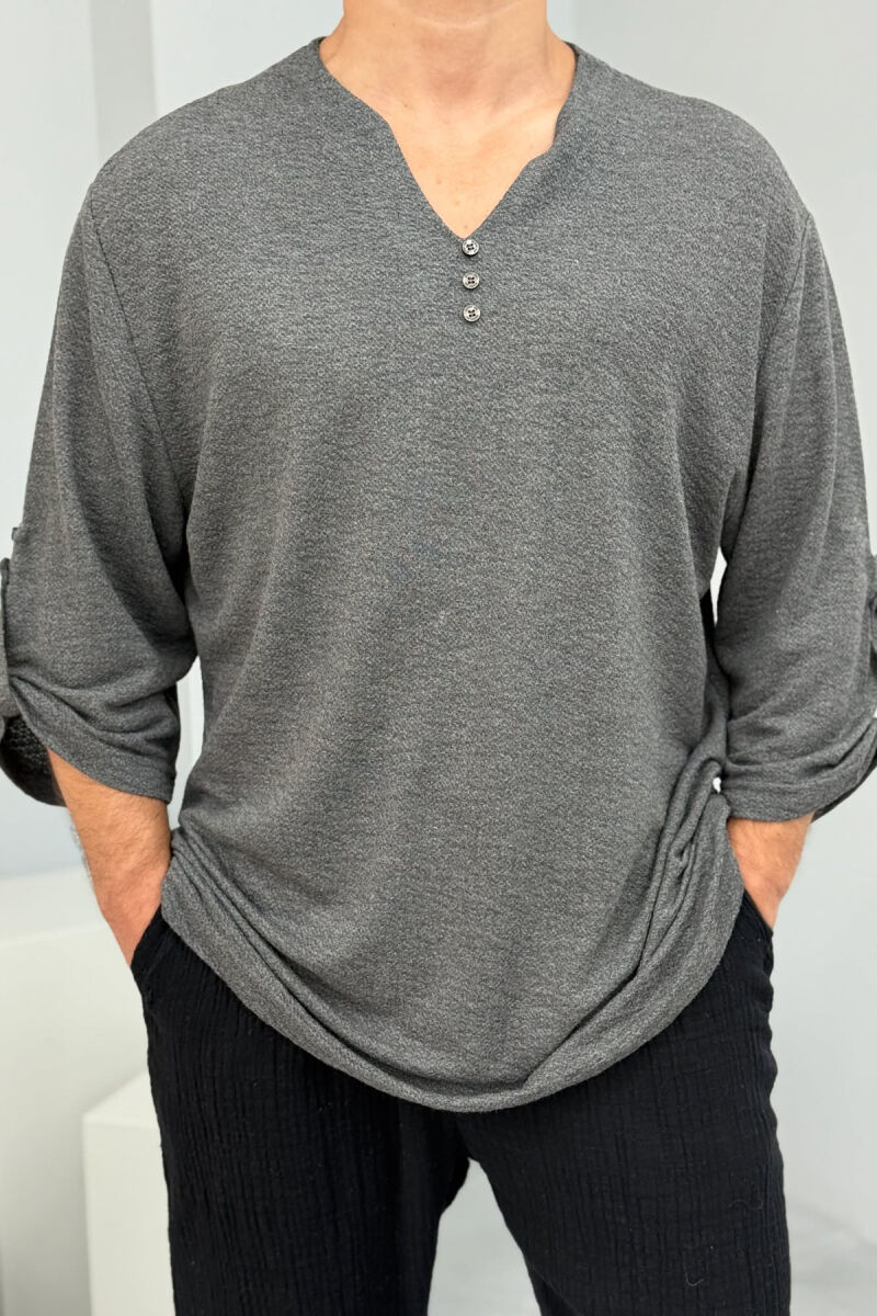 ONE COLOR BUTTONED MEN T-SHIRT DARK GREY/GEE - 1