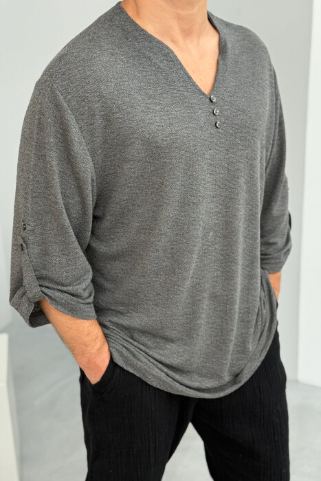 ONE COLOR BUTTONED MEN T-SHIRT DARK GREY/GEE - 2