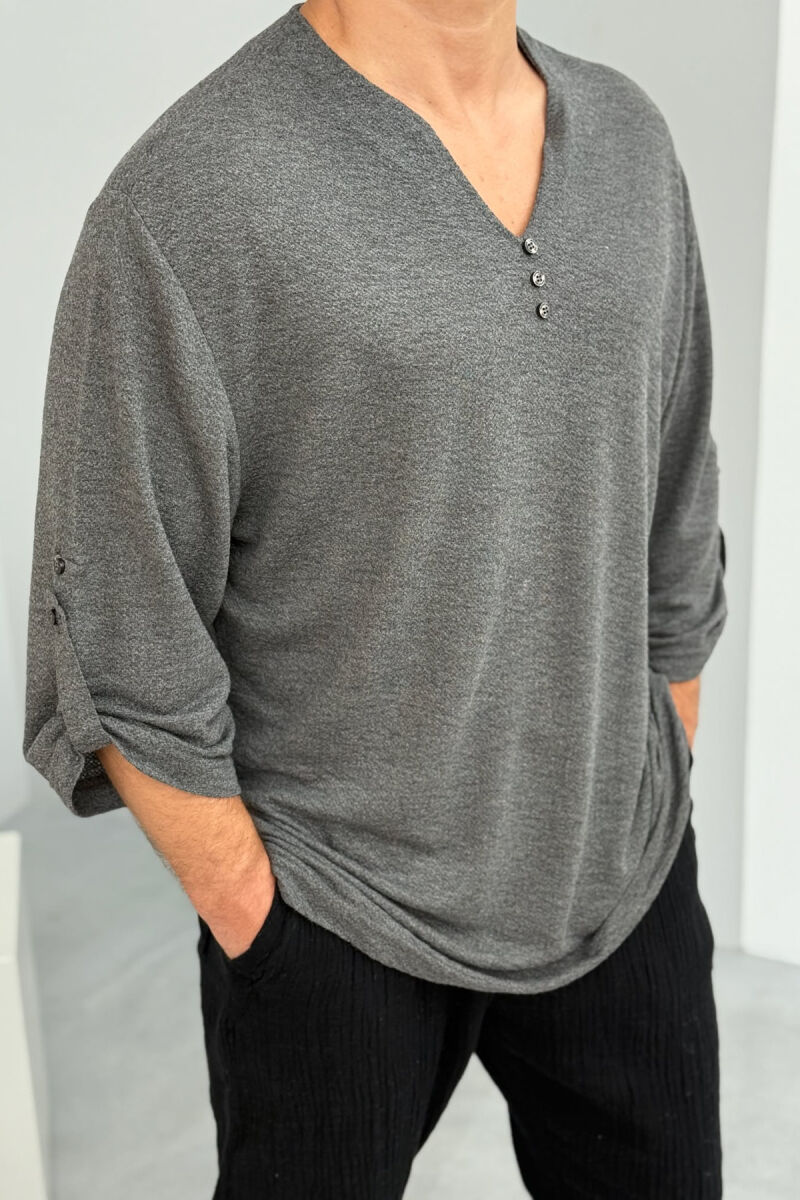 ONE COLOR BUTTONED MEN T-SHIRT DARK GREY/GEE - 2