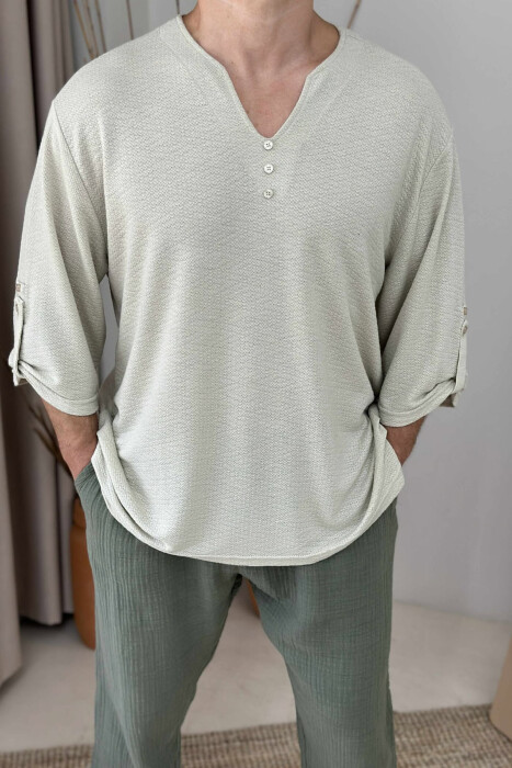 ONE COLOR BUTTONED MEN T-SHIRT LIGHT BEIGE/BZHZB 