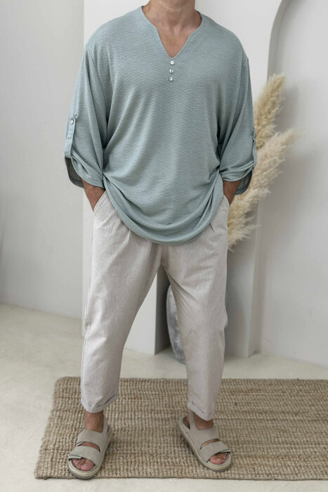 ONE COLOR BUTTONED MEN T-SHIRT MINT/MENTE 