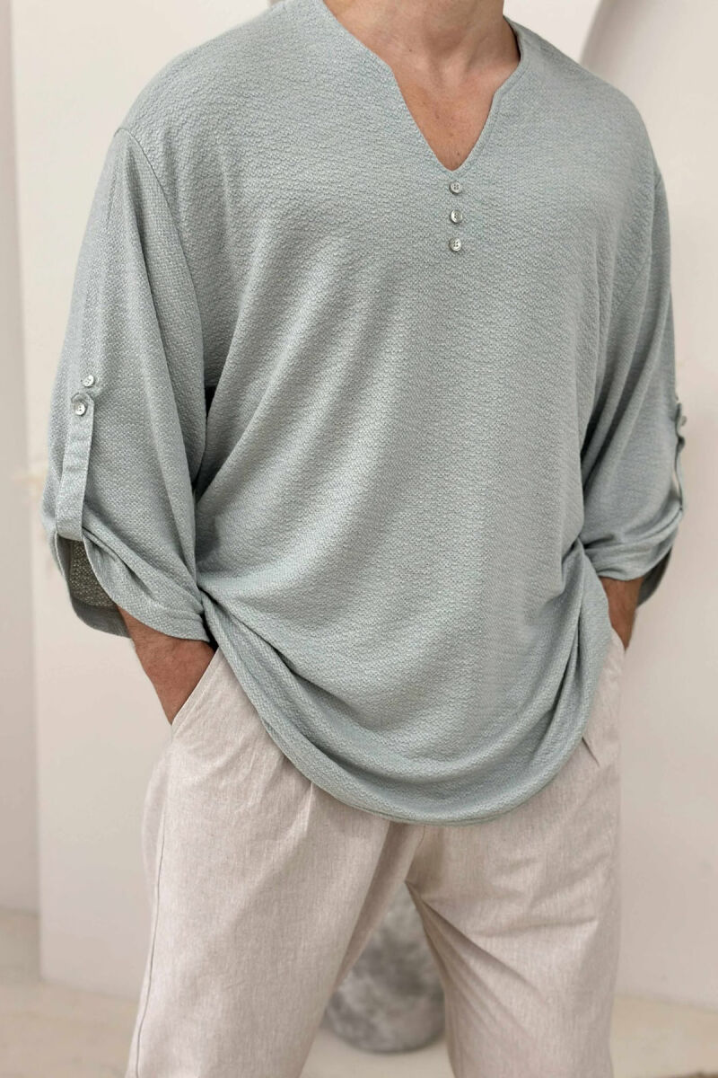 ONE COLOR BUTTONED MEN T-SHIRT MINT/MENTE - 2