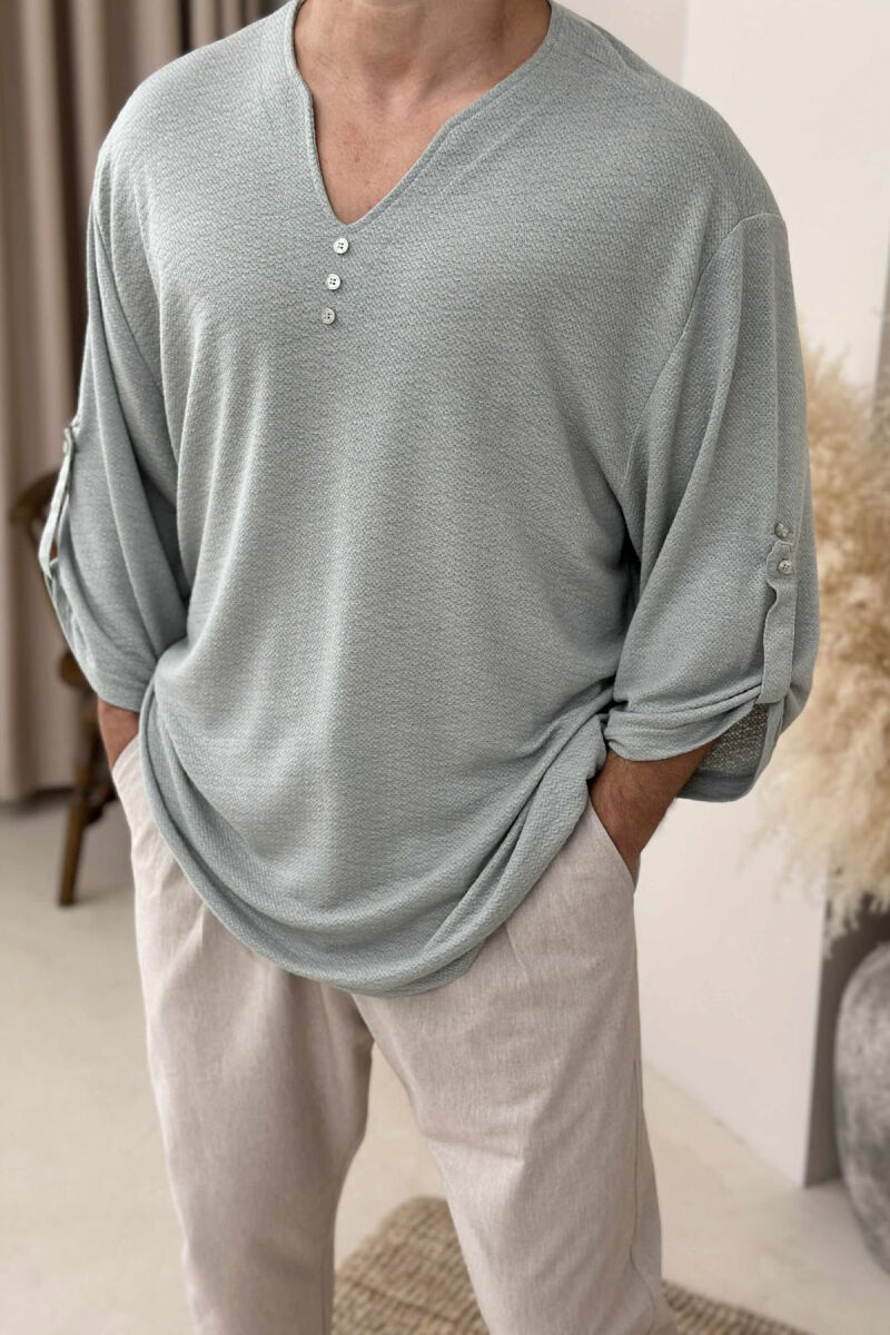 ONE COLOR BUTTONED MEN T-SHIRT MINT/MENTE - 3