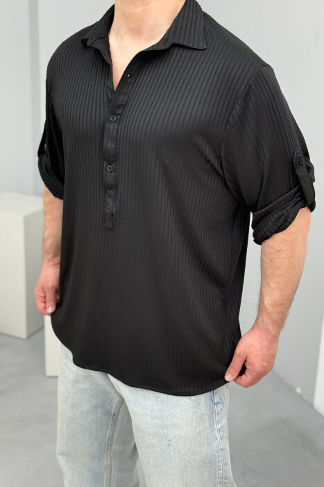 ONE COLOR BUTTONED NECK MEN T-SHIRT BLACK/ E ZEZE - 1