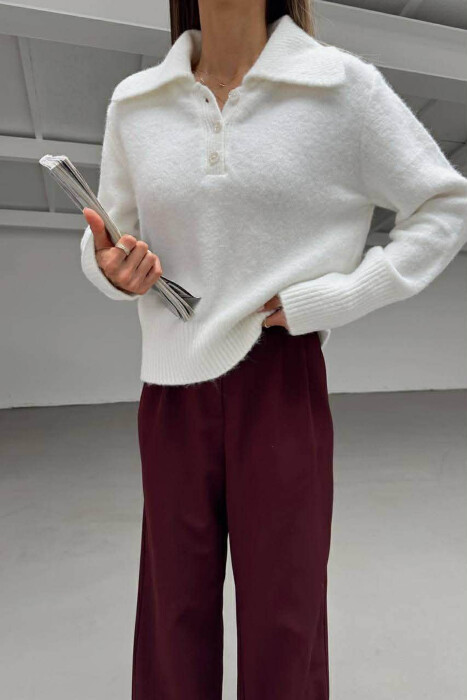 ONE COLOR BUTTONED NECK WOMEN SWEATER WHITE-E BARDHE SWEATER