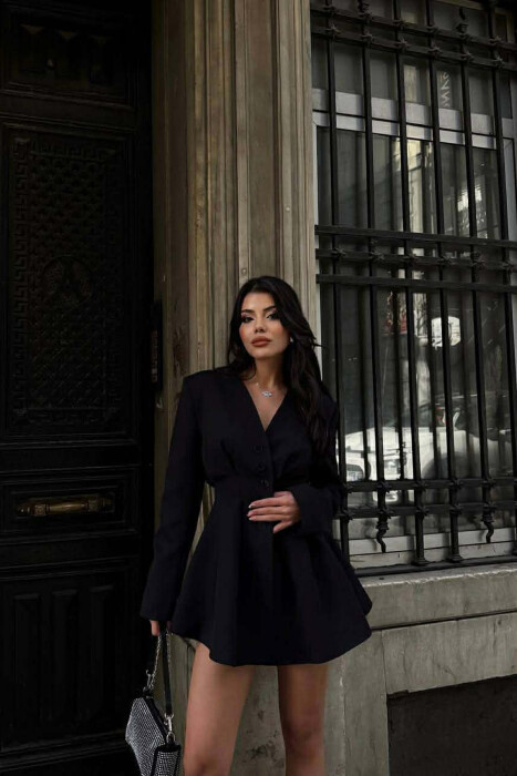 ONE COLOR BUTTONED SHORT WOMEN DRESS BLACK/ E ZEZE - 2