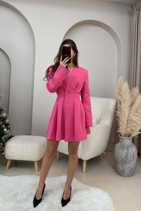ONE COLOR BUTTONED SHORT WOMEN DRESS FUCHSIA/CIKLAMI 